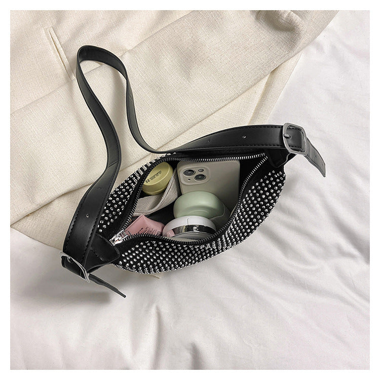 French Style Rhinestones Dumpling Bag Ladies Large Capacity Hobo Bag Fashionable One-shoulder Messenger Bag for Women