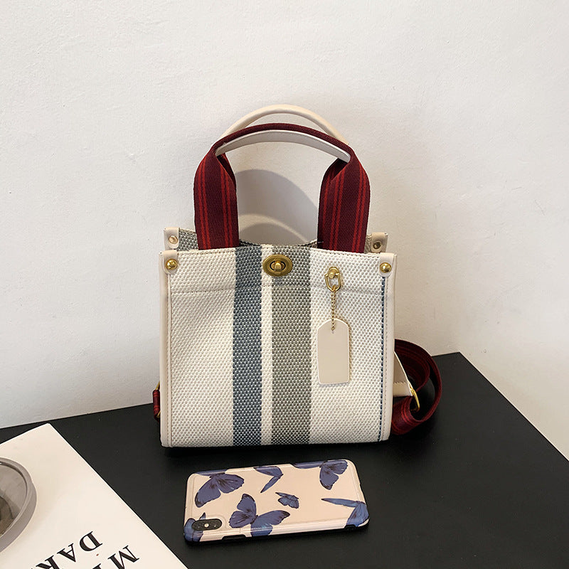 2026 New Vintage Tote Bag Tidal Canvas Stripe Student Shoulder Crossbody Tote Bag