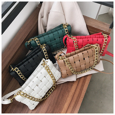 PU Leather Woven Handbag Purse Thick Gold Chain Ladies Crossbody Messenger Bag Chic Square Braid Shoulder Bags