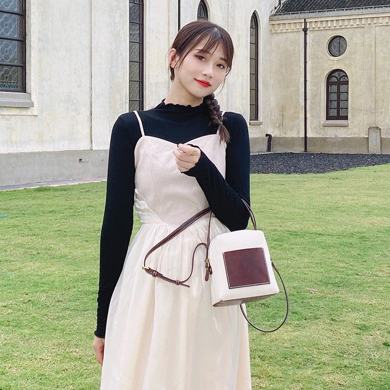 Women Canvas Leather Hit Color Casual Bucket Shoulder Bag Female New Large-capacity Tote Bag Office Ladies Handbags