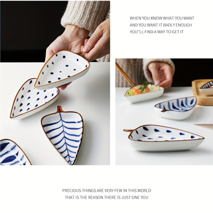 Japanese-style underglaze hand-painted leaf ceramic condiment dish