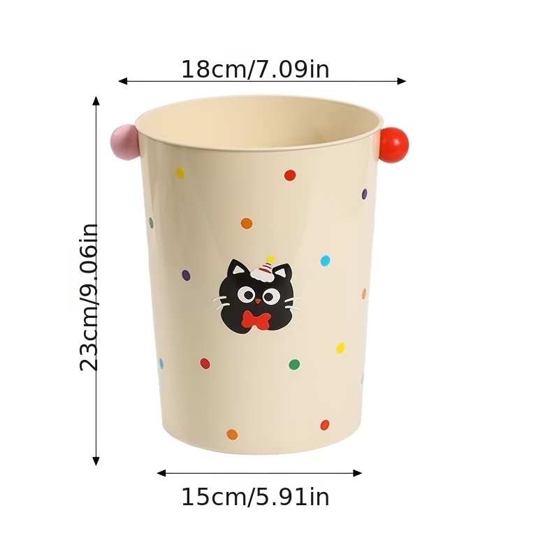 Round trash can with cute cat stickers, wastepaper basket