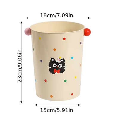 Round trash can with cute cat stickers, wastepaper basket