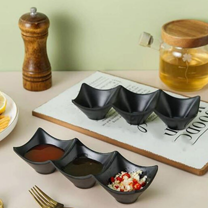 Multi-functional three-compartment dipping dish - durable plastic condiment holder