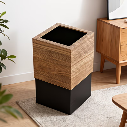 A modern square trash can with a black lid and a Scandinavian design.