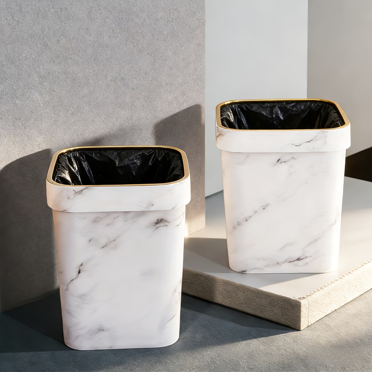 New square trash can, open design, made of durable plastic.