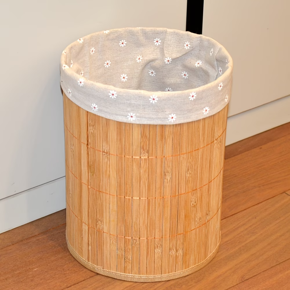 A rustic-style trash can, made of bamboo, with a minimalist design.