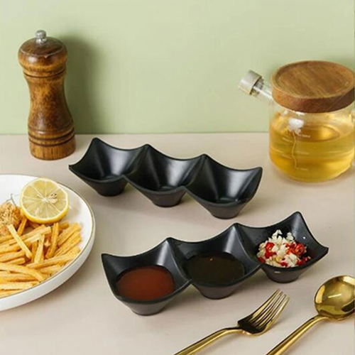 Multi-functional three-compartment dipping dish - durable plastic condiment holder