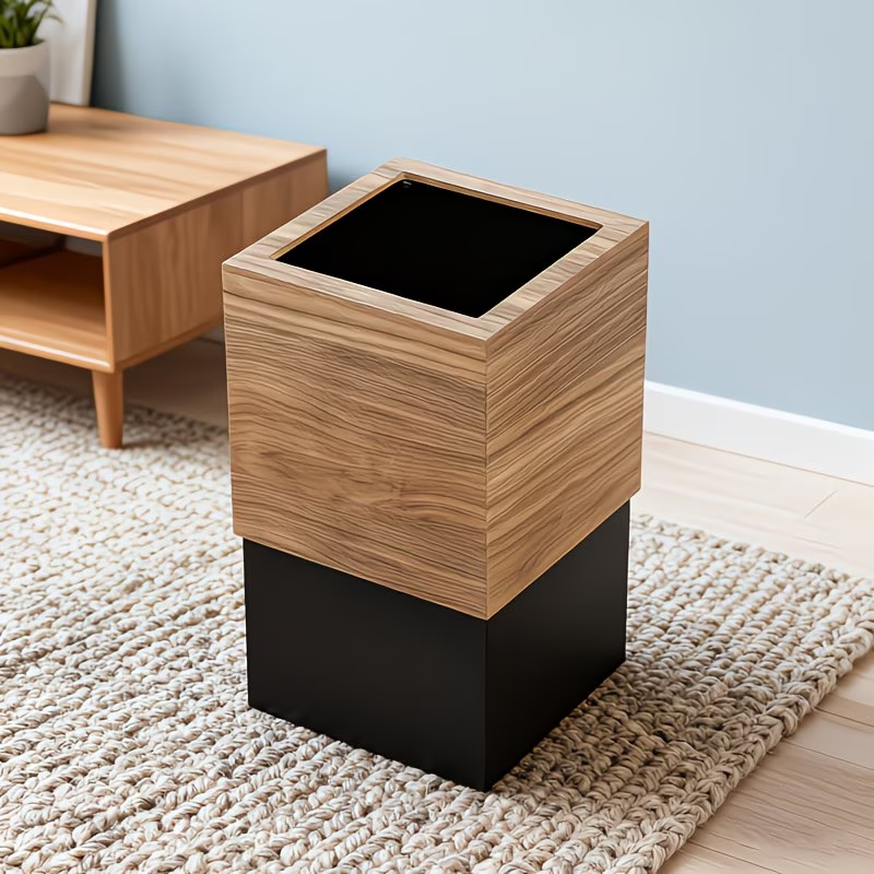 A modern square trash can with a black lid and a Scandinavian design.