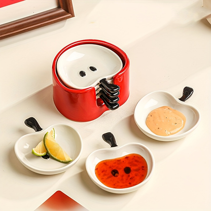 4-piece ceramic apple dish set with a favorites folder - cute round snack dishes
