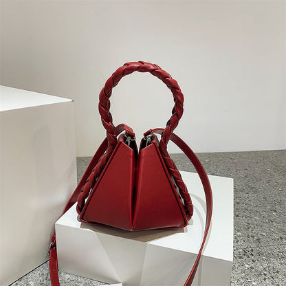 Triangle Bucket Handbags Women Clutch Purse Lady  PU Leather Shoulder Bags With Weaving Handle tas wanita