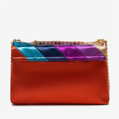 New Arrival Shiny Multi-color Stitching PU Handbag Rainbow Color Metallic Striped Chain Crossbody Bag