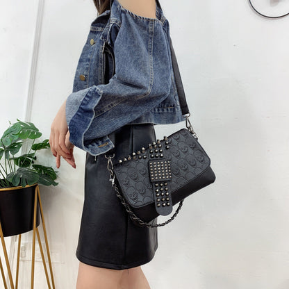 Chain women’s Bag 2026 female bag rivet black skull shoulder handbags oblique cross shoulder bag