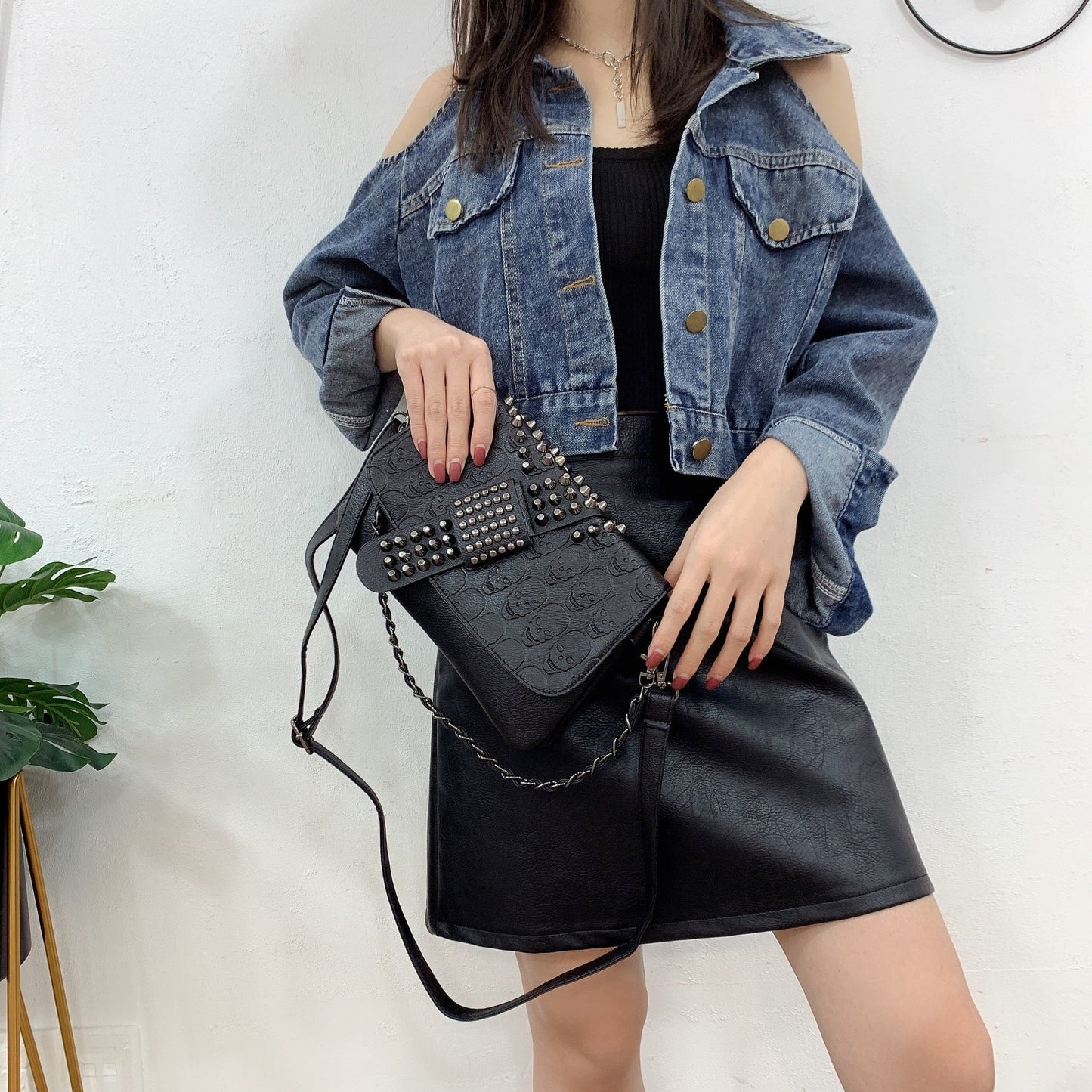 Chain women’s Bag 2026 female bag rivet black skull shoulder handbags oblique cross shoulder bag