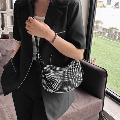 French Style Rhinestones Dumpling Bag Ladies Large Capacity Hobo Bag Fashionable One-shoulder Messenger Bag for Women