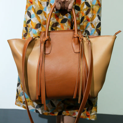 New Korean Top Grain Genuine leather Handbag  Ladies High Quality Leisure Large Tote Bag With Tassel