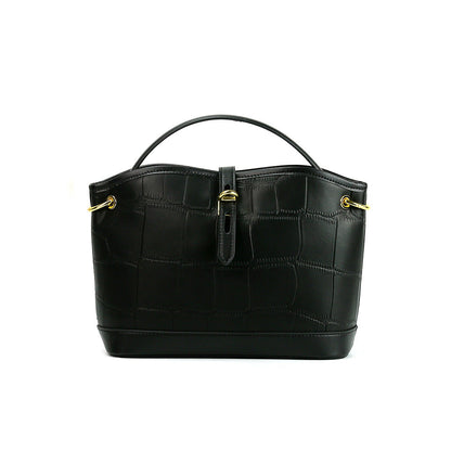 Designer Crocodile Pattern Cowhide Leather Bucket Tote Bag With Long Strap