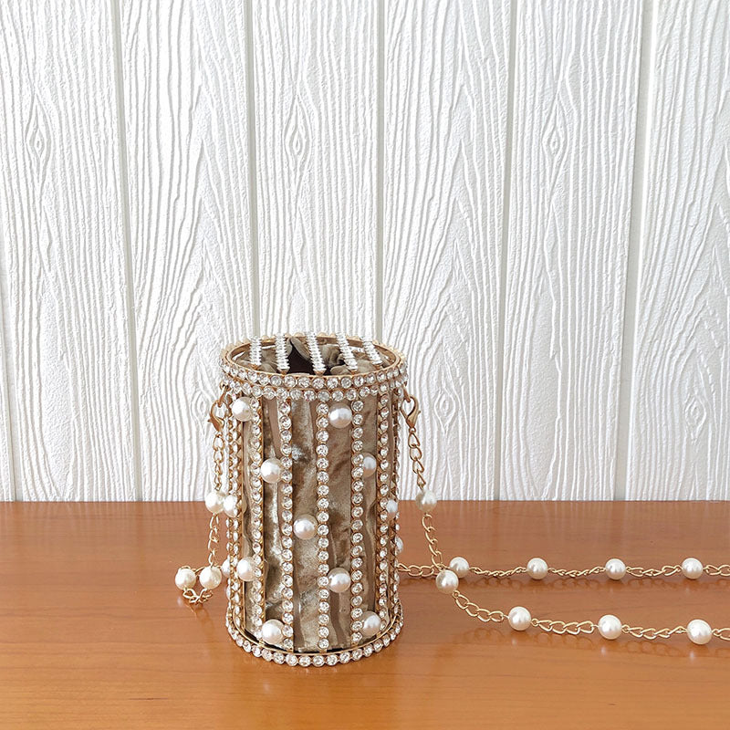 Cylindrical Pearl Rhinestone Metal Cage EVening Party Purse Ladies Beaded Chain Bucket Shoulder Bag