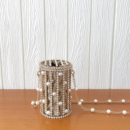 Cylindrical Pearl Rhinestone Metal Cage EVening Party Purse Ladies Beaded Chain Bucket Shoulder Bag