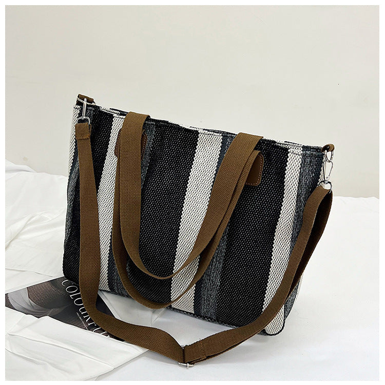 New Fashion Women’s Tote Bag Ladies Shoulder Crossbody Large Capacity Canvas Stripe Tote Bag