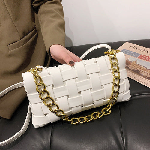 PU Leather Woven Handbag Purse Thick Gold Chain Ladies Crossbody Messenger Bag Chic Square Braid Shoulder Bags