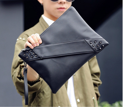 Trend outdoor PU leather black handbags motorcycle rivet punk money clutch purse