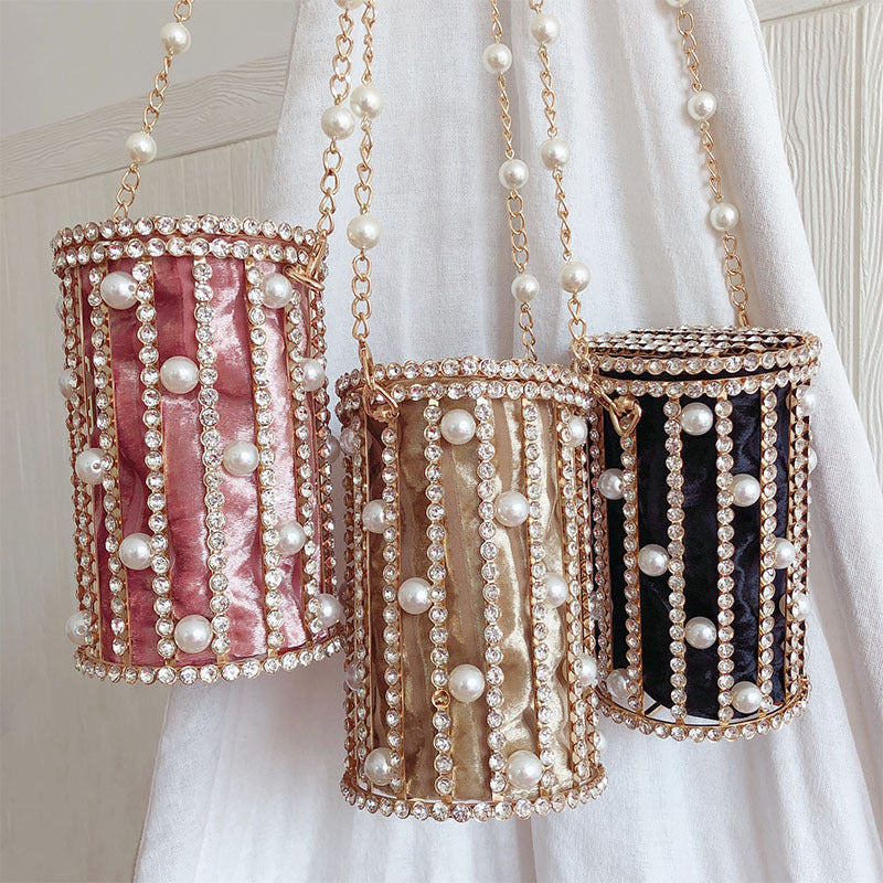 Cylindrical Pearl Rhinestone Metal Cage EVening Party Purse Ladies Beaded Chain Bucket Shoulder Bag