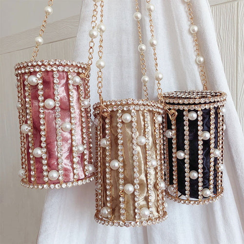 Cylindrical Pearl Rhinestone Metal Cage EVening Party Purse Ladies Beaded Chain Bucket Shoulder Bag