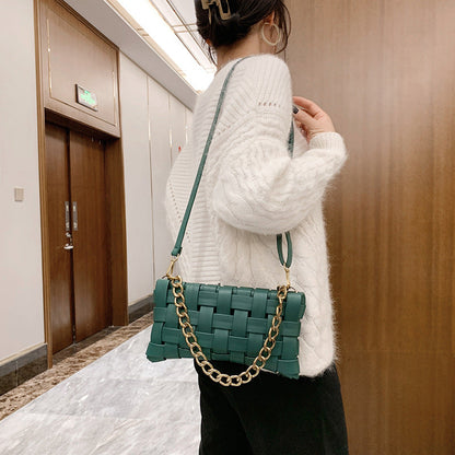 PU Leather Woven Handbag Purse Thick Gold Chain Ladies Crossbody Messenger Bag Chic Square Braid Shoulder Bags