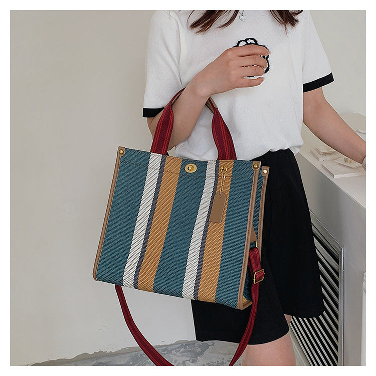 2026 New Vintage Tote Bag Tidal Canvas Stripe Student Shoulder Crossbody Tote Bag
