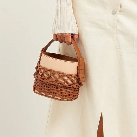Drawstring design PU and canvas bucket bag for women sac a main 2026