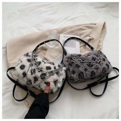2026 new leopard print faux fur handbag women’s fluffy shoulder bag with chain ladies plush bag