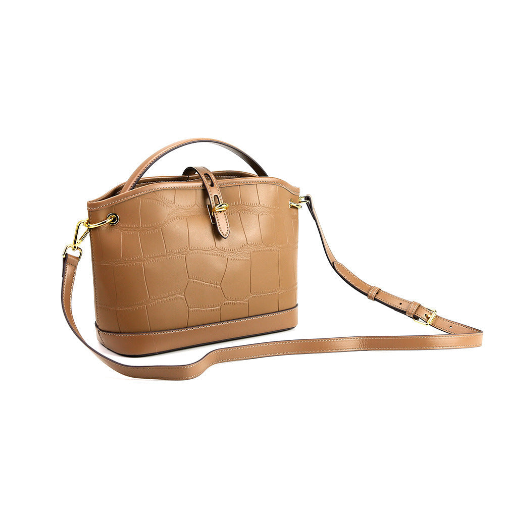 Designer Crocodile Pattern Cowhide Leather Bucket Tote Bag With Long Strap