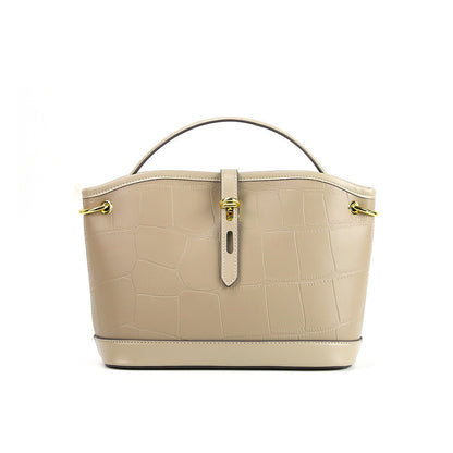 Designer Crocodile Pattern Cowhide Leather Bucket Tote Bag With Long Strap