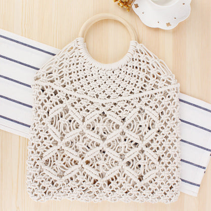 New portable woven bag Tidal women’s straw woven bag Handmade cotton rope net pocket beach bag