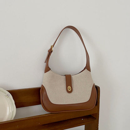 2026 new bag retro French canvas patchwork shoulder bag color bump handbag