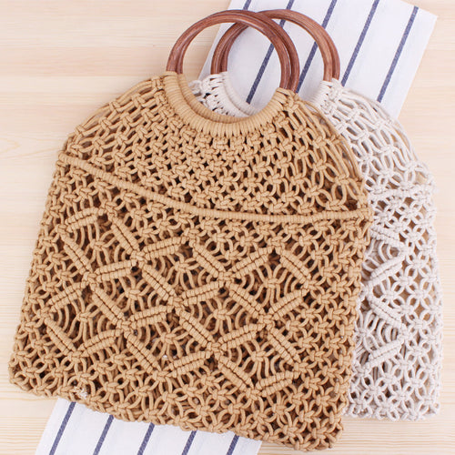 New portable woven bag Tidal women’s straw woven bag Handmade cotton rope net pocket beach bag