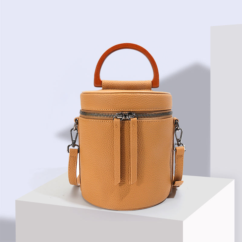 New color real leather bucket bag with wooden handle 2026