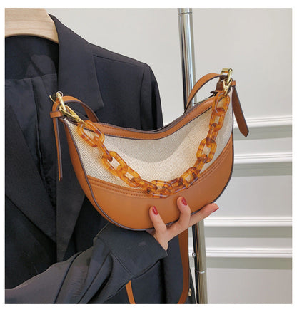 Canvas plus PU Shoulder Bag Underarm Messenger Bag PU Leather Ladies With Acrylic Chain
