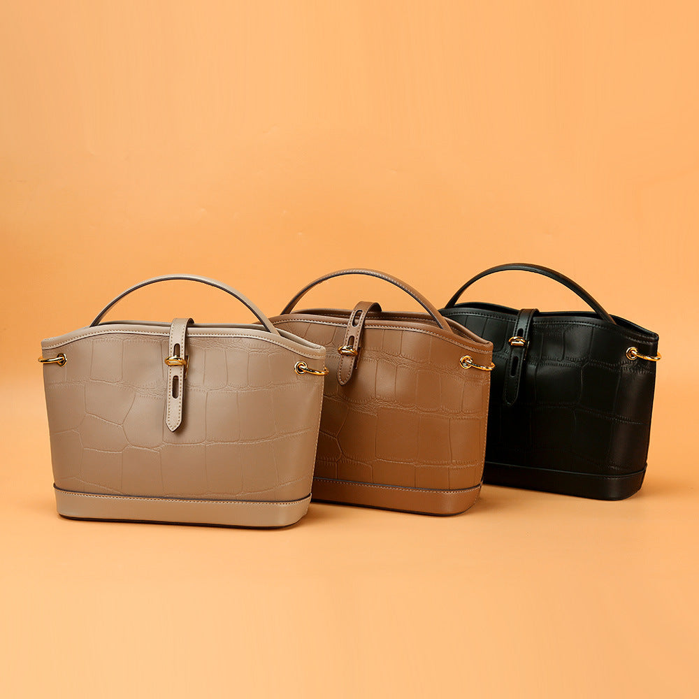 Designer Crocodile Pattern Cowhide Leather Bucket Tote Bag With Long Strap