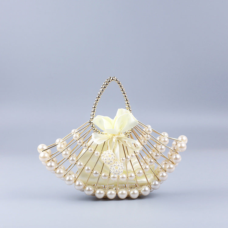 Pearl Hollow Copper Tube Beaded Fan Shape Ladies Dinner Clutch Hand Braided Bag Niche High Quality Handbag