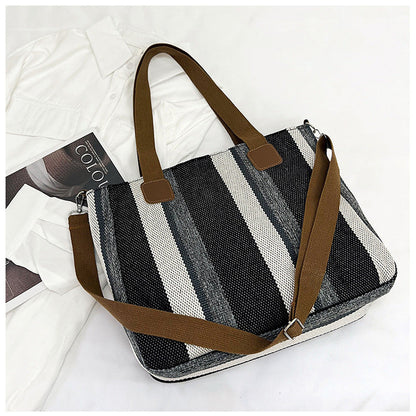 New Fashion Women’s Tote Bag Ladies Shoulder Crossbody Large Capacity Canvas Stripe Tote Bag