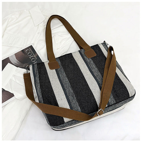 New Fashion Women’s Tote Bag Ladies Shoulder Crossbody Large Capacity Canvas Stripe Tote Bag