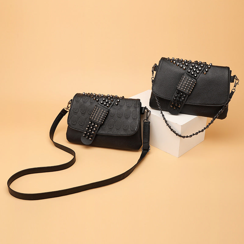 Chain women’s Bag 2026 female bag rivet black skull shoulder handbags oblique cross shoulder bag