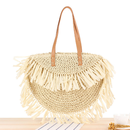 New half-round tassel shoulder straw bag fashion woven beach bag