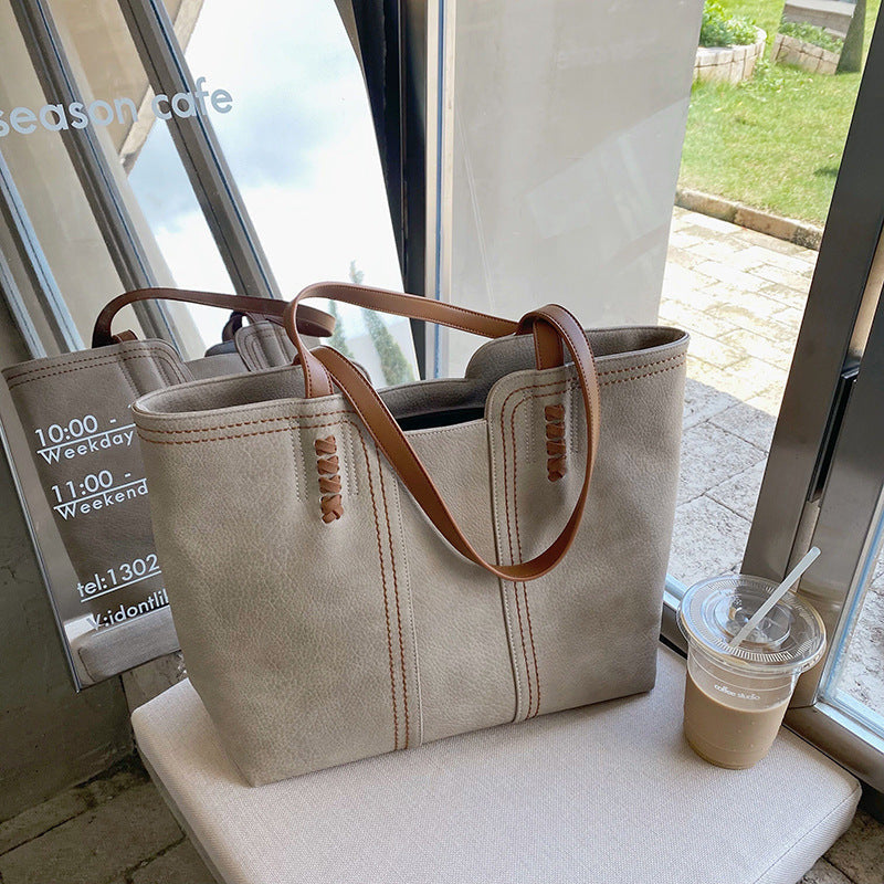 New Fashion Simple Tote Bag Retro Large Capacity Portable Soft Faux Leather Tote Shoulder Bag for Women