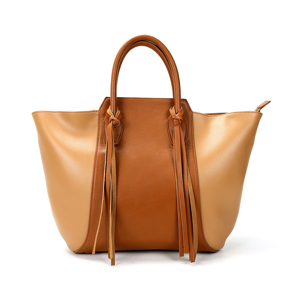 New Korean Top Grain Genuine leather Handbag  Ladies High Quality Leisure Large Tote Bag With Tassel