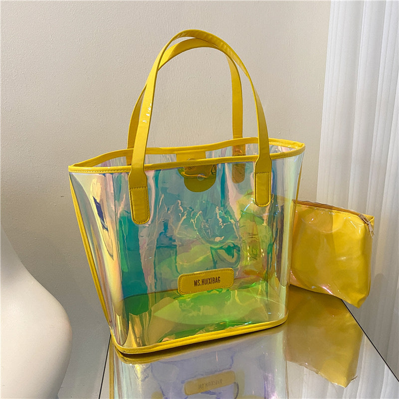 Fashion PVC Shoulder Tote Bag with Inner Pouch Funky Holographic Beach Bag Letter Patch Decor PVC Clear Bag