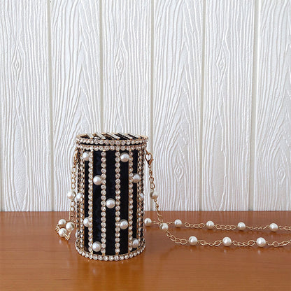 Cylindrical Pearl Rhinestone Metal Cage EVening Party Purse Ladies Beaded Chain Bucket Shoulder Bag