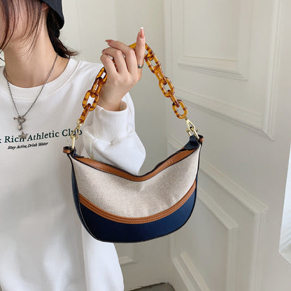 Canvas plus PU Shoulder Bag Underarm Messenger Bag PU Leather Ladies With Acrylic Chain